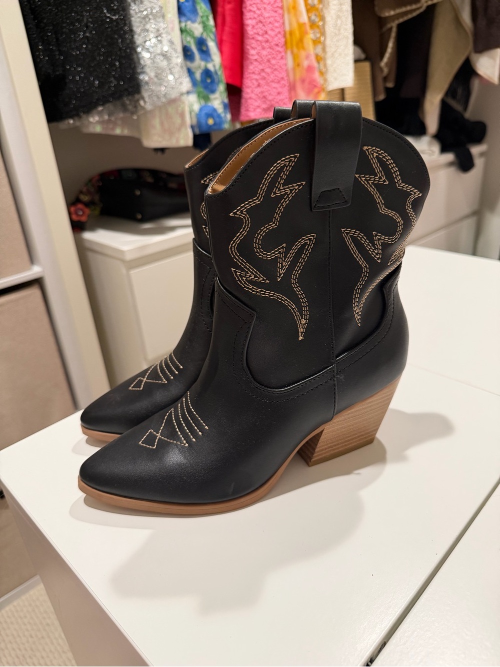 Soda Black Western Ankle Boots with Tan Stacked Heel - Picture 2 of 5